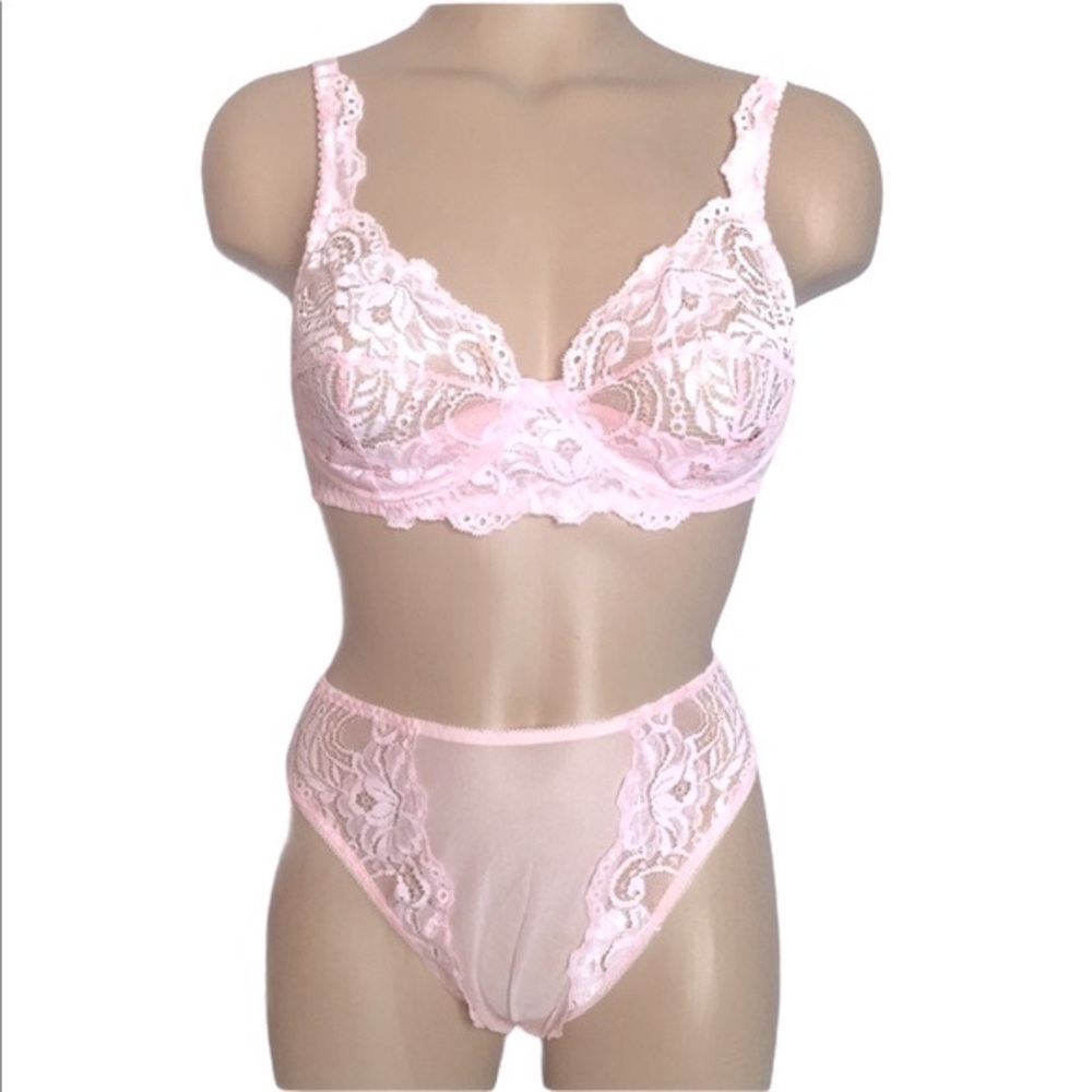 NEFER Bra and Thong Panty Set Pink Floral Lace Nylon Mesh Unlined 36C Medium